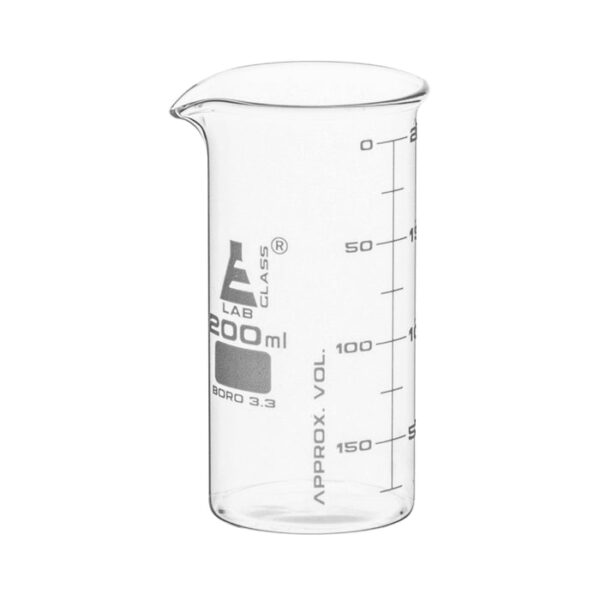 Beaker, 200ml - Tall Form - White Graduations - Borosilicate Glass