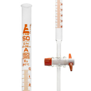 Burette, 50mL - Class A - 0.1mL Amber Graduations - PTFE Stopcock - Borosilicate Glass