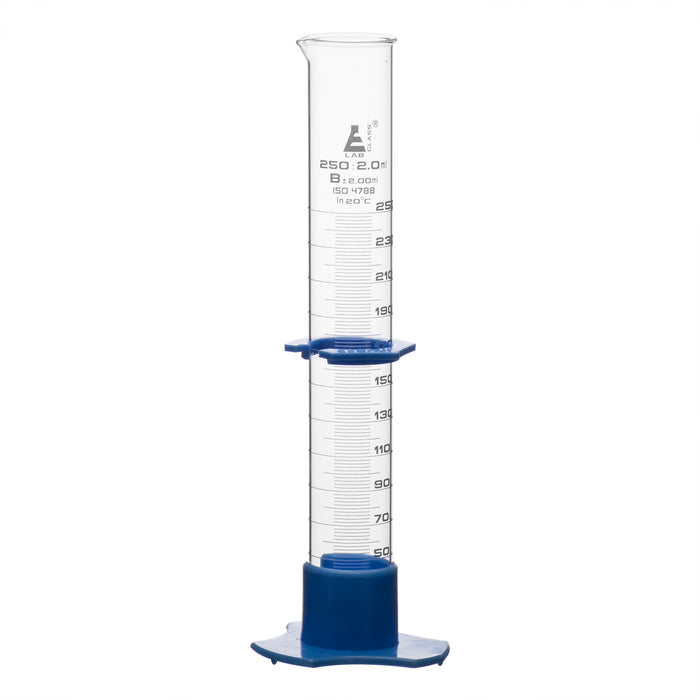 Measuring Cylinder, 250ml - Class B - Detachable, Plastic Hexagonal Base & Protective Collar - White Graduations - Borosilicate Glass - Eisco Labs