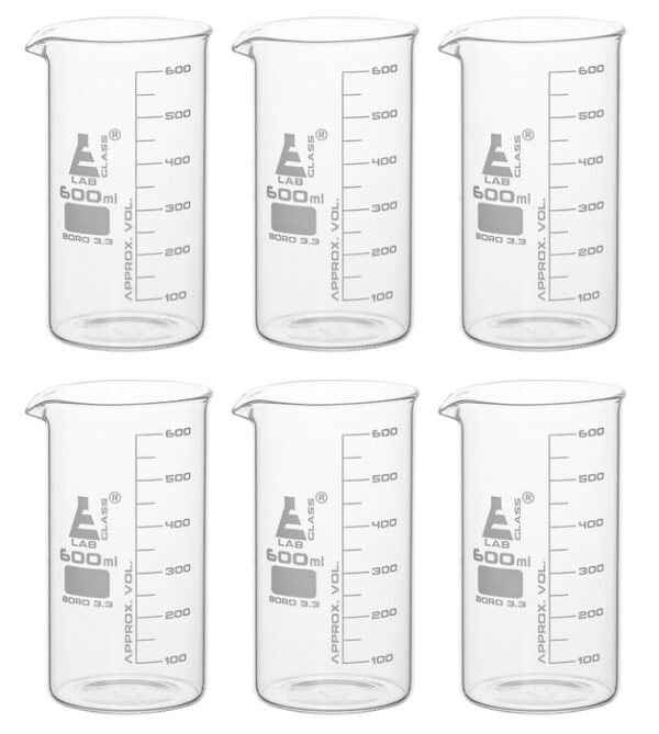 6PK Beakers, 600ml - Tall Form - Graduated - Borosilicate Glass