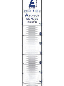 Measuring Cylinder, 100ml - Class Tolerance ±0.50ml - 19/26 Polypropylene Stopper - Hexagonal Base, Blue Graduations - Borosilicate Glass - Eisco Labs