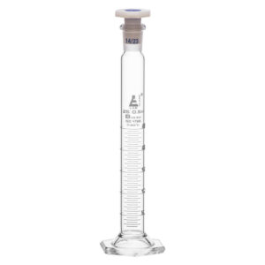 Measuring Cylinder, 25ml - Class B - 14/23 Polypropylene Stopper - Hexagonal Base, White Graduations - Borosilicate Glass - Eisco Labs