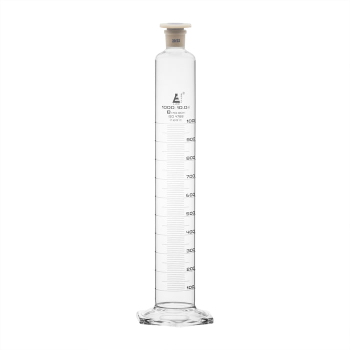 Measuring Cylinder, 1000ml - Class B - 29/32 Polypropylene Stopper - Hexagonal Base, White Graduations - Borosilicate Glass - Eisco Labs