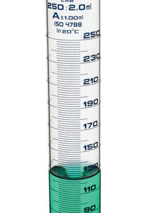 Graduated Cylinder, 250mL - Class A - 24/29 Socket - Polypropylene Stopper - Round Base, Blue Graduations - Borosilicate Glass