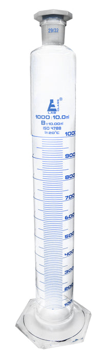 Measuring Cylinder, 1000ml - Class B - 29/32 Polypropylene Stopper - Hexagonal Base, Blue Graduations - Borosilicate Glass - Eisco Labs