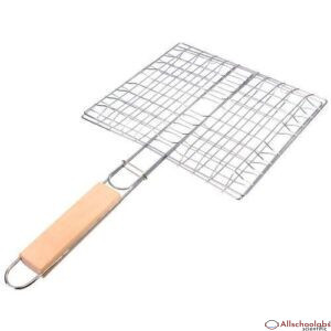Mesh Barbecue Grilling Basket Grill BBQ Net Wooden Handle Steak Meat Fish Vegetable