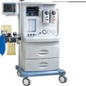 Anaesthesia Machine (Tidal Volume 20~1500mL Mode: VCV, PCV, PSV, SIMV-VC, SIMV-PC, Manual, 10″ TFT LCD colour touch screen, Built-in battery, Built-in electronic PEEP valve Lung mechanics parameter and loops (P-V, V-F) Gas supply: O2, N2O, Air Side monitor INBP, SP02, Temp, ECG, CO2)