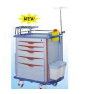 Emergency Crash Cart Trolley (high strength alloy ABS boards, complete with all accessories- i.e S/S Guard rail ,CRP board, monitor holder, dust basket, file bin,O2 cylinder holder, needle disposal container, iv pole, central or breakaway lock)