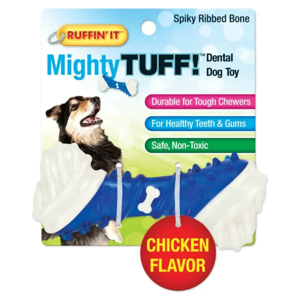 Ruffin’ It  Mighty Tuff Spikey Ribbed Bone Dog Toy Chicken Flavor