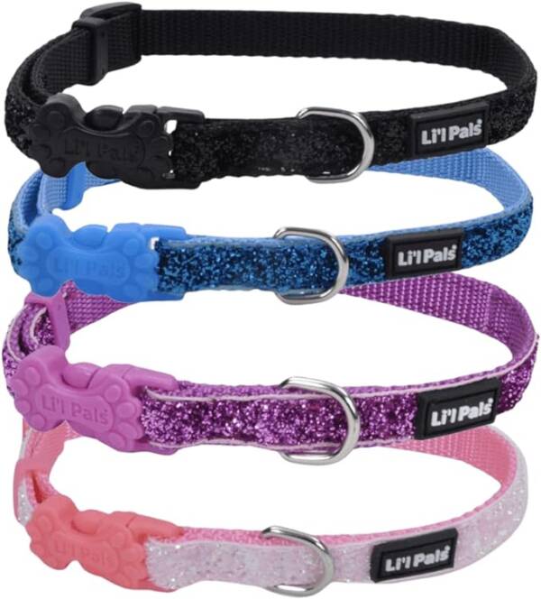 Li’l Pals® Adjustable Dog Collar with Glitter Overlay, Black Sparkles, Small – 3/8″ x 8″-12″