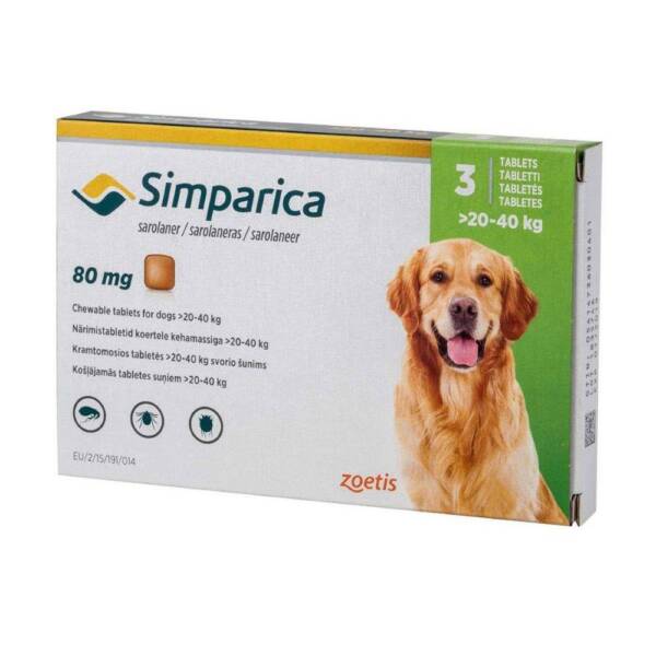 Simparica 80mg Chewable Tablets for Ticks & Fleas in Dogs 20Kg – 40Kg