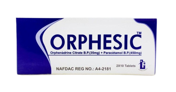 Orphesic Paracetamol BP 450mg + Orphenadrine Citrate BP 35mg, 2 x 10 Tablets