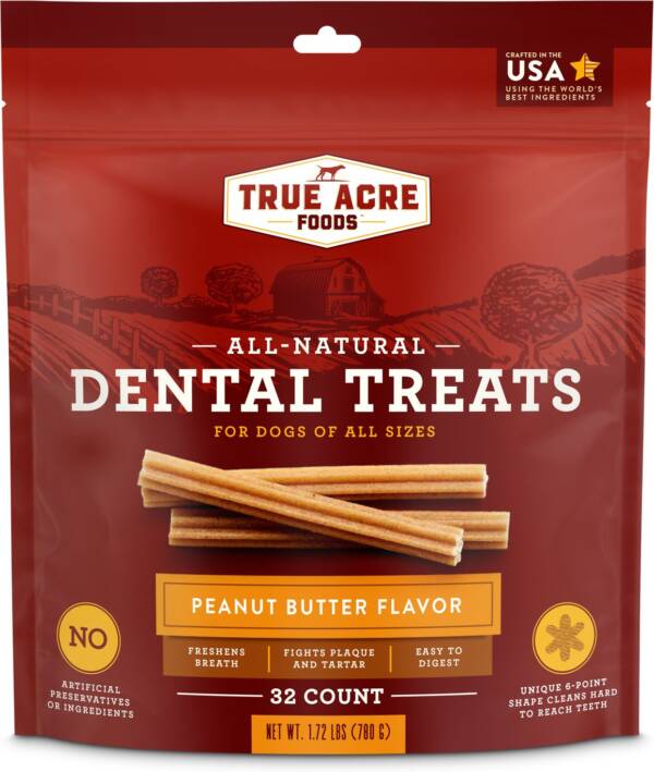 True Acre Foods, All-Natural Dental Chew Sticks, Peanut Butter Flavor 32 Count Dog Treats 780g