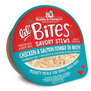 STELLA & CHEWY?S LIL? BITES SAVORY STEWS CHICKEN & SALMON DINNER IN BROTH SMALL BREED CASE OF 24 WET DOG FOOD 77g