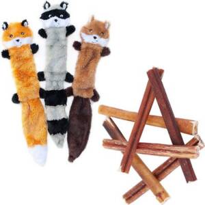 ZippyPaws Skinny Peltz No Stuffing Squeaky Plush Toys + Bones & Chews Bully Stick 6? Dog Treats