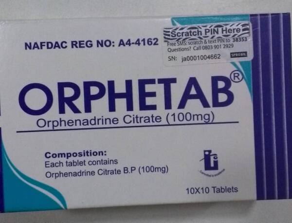ORPHETAB ORPHENADRINE 100MG X 100 TABS