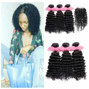 3 Bundles Deep Curly Brazilian Human Hair 300g with 4*4 Deep Curly 3 Part Lace Closure