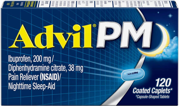 Advil PM Pain Reliever And Nighttime Sleep Aid, Pain Medicine With Ibuprofen For Pain Relief And Diphenhydramine Citrate For A Sleep Aid - 120 Coated Caplets