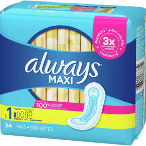 Always Maxi Feminine Pads for Women, Regular Absorbency, 24 Count, No Wings, Unscented (24 Count)