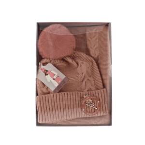 Cable Knit Hat With Brooch & Scarf Set