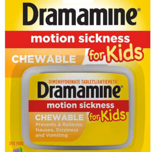 Dramamine Motion Sickness for Kids, Chewable, Dye Free, Grape Flavored, 8 Count