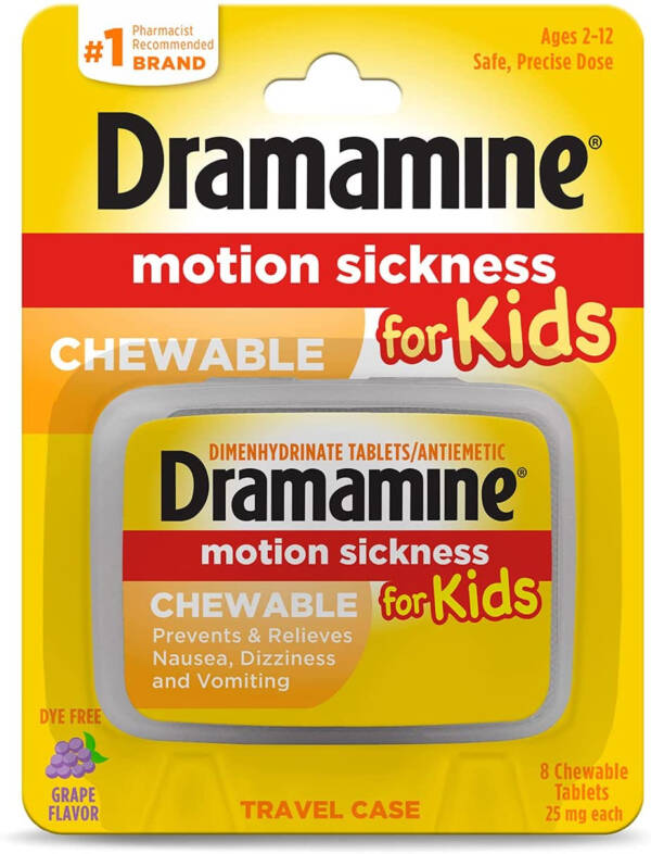 Dramamine Motion Sickness for Kids, Chewable, Dye Free, Grape Flavored, 8 Count