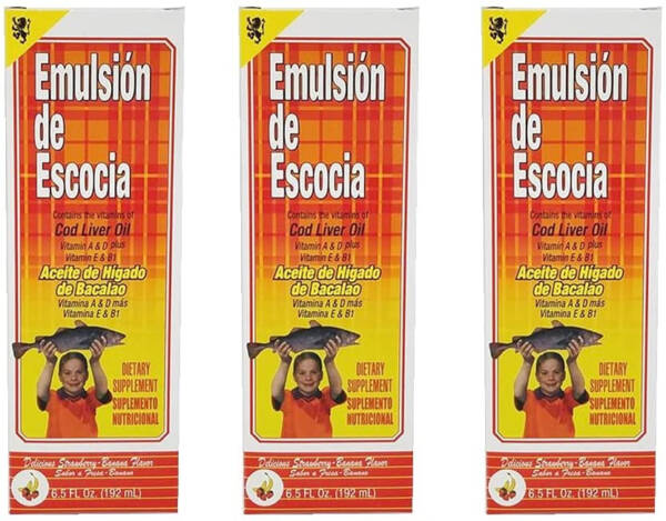 Emulsion de Escocia. Aceite de h?gado de bacalao Suplemento diet?tico. Rico en vitaminas A, D, E y B1. Sabor de fresa y pl?tano. 6.5 fl oz. Paquete de 3