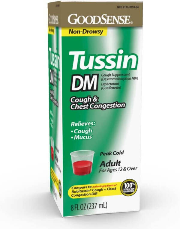 GoodSense Tussin Cough Syrup DM, Cough Suppressant and Expectorant, Wild Cherry Flavor, 8 Ounces