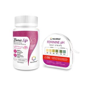 NutraBlast Boric Acid Vaginal Suppositories 600mg (30 Count) w/ Feminine pH Test Strips 3.0-5.5 (100 Tests Roll) | Monitor Intimate Health | Accurate Womens Acidity & Alkalinity