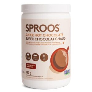 SPROOS Super Hot Chocolate | Organic Raw Cacao Powder, Premium Wild-Caught Marine Collagen, MCT Powder & A Blend of Four Mushrooms | Unsweetened, 220 g Tub (22 Servings)