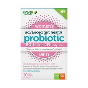 Genuine Health Advanced Gut Health Probiotic for Women, 30 count, 50 Billion CFU, Natural daily digestive, immune, stress support, and vaginal pH balance, 15 diverse and balanced strains per capsule, Dairy, soy & gluten-free, Non-GMO, Vegan