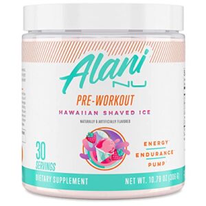 Alani Nu Pre Workout Supplement Powder for Energy, Endurance & Pump Sugar Free Formulated with Amino Acids Like L-Theanine to Prevent Crashing Hawaiian Shaved Ice, 30 Servings