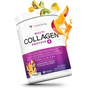 Multi Collagen Peptides Plus Hyaluronic Acid and Vitamin C, Hydrolyzed Collagen Protein, Types I, II, III, V and X Collagen, Tropical Punch Flavor