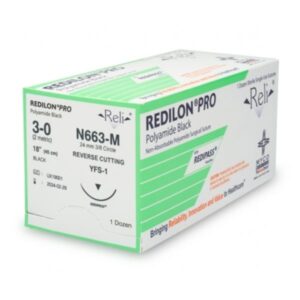 3-0 Black Nylon Monofilament Suture, 18?, FS-1 Needle, 3/8 Circle Reverse Cut 24MM, 12/Box #N663-M