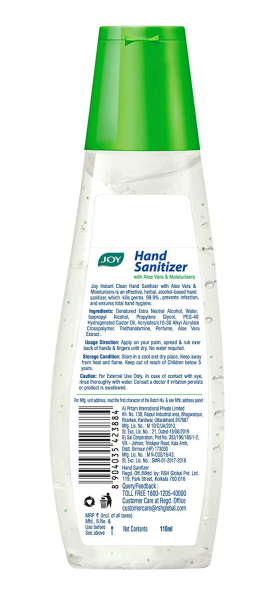 Joy Instant Clean Hand Sanitizer With Aloe Vera & Moisturizers (110 ml)