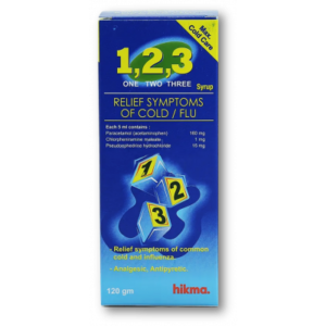 ONE TWO THREE 1 2 3 SYRUP ( CHLORPHENIRAMINE 1MG/ 5ML + PARACETAMOL 160 MG/ 5ML + PSEUDOEPHEDRINE 15MG/ 5ML ) 120 ML