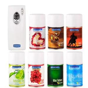 Airance Automatic A4 Room Freshener Dispenser Machine with 250 ml Each Khus (Vetiver), Cool Splash, Refreshing Lime, Litchi, Musk, Oud Wood & Rose Petals Fragrance Spray Bottle (Pack of 8)
