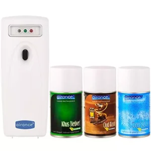 Airance Automatic Room Freshner LED Aerosol Dispenser With 250 ml Each Khus (Vetiver), Oud Wood & Cool Splash Fragrance Refill (Pack of 4)