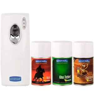 Airance Automatic Room Freshner LED Aerosol Dispenser With 250 ml Each Musk, Khus (Vetiver) & Oud Wood Fragrance Refill (Pack of 4)