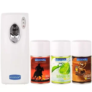 Airance Automatic Room Freshner LED Aerosol Dispenser With 250 ml Each Musk, Refreshing Lime & Oud Wood Fragrance Refill (Pack of 4)