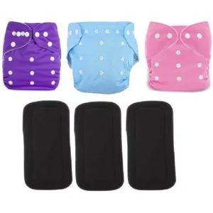 Flockidos Cotton Washable Purple, Pink, Blue Button Strap 3 Diaper Pants with 3 Insert Pads