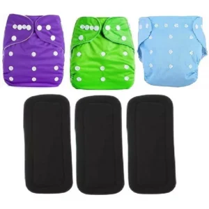 Flockidos Cotton Washable Green, Purple, Blue Button Strap 3 Diaper Pants with 3 Insert Pads