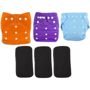 Flockidos Cotton Washable Orange, Purple, Blue Button Strap 3 Cotton Diaper Pants with 3 Black Insert Pads