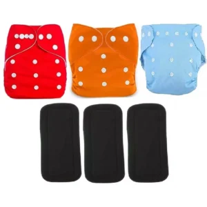 Flockidos Cotton Washable Red, Orange, Blue Button Strap 3 Cotton Diaper Pant with 3 Black Insert Pads