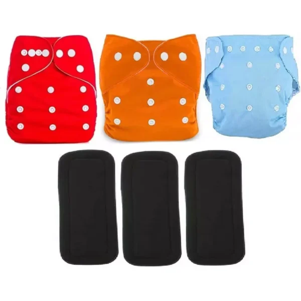 Flockidos Cotton Washable Red, Orange, Blue Button Strap 3 Cotton Diaper Pant with 3 Black Insert Pads