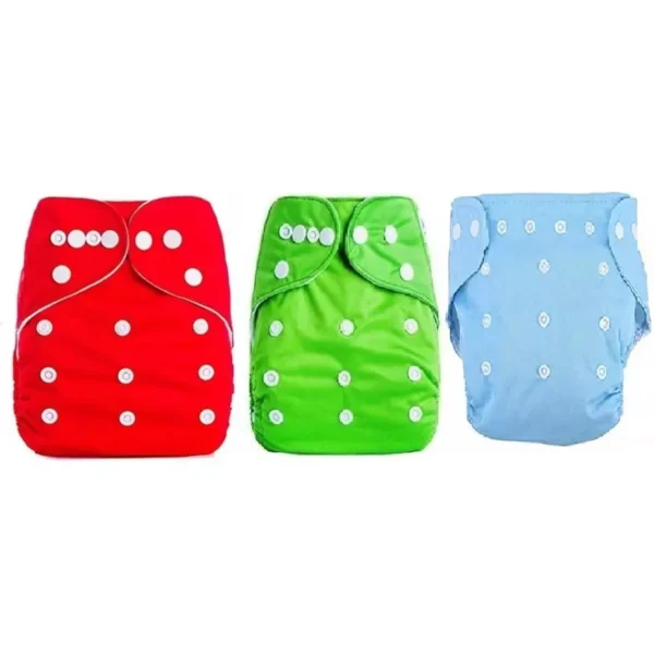 Flockidos Cotton Washable Green, Red, Blue Button Strap 3 Cotton Diaper Pants with Insert Pad