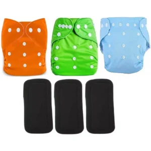 Flockidos Cotton Washable Orange, Green, Blue Button Strap 3 Cotton Diaper Pants with 3 Black Insert Pads
