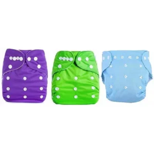 Flockidos Cotton Washable Green, Purple, Blue Button Strap 3 Diaper Pants with Insert Pad