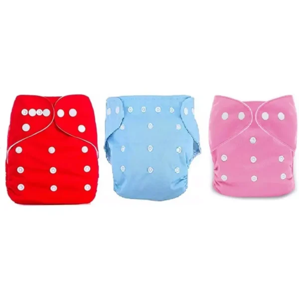 Flockidos Cotton Washable Pink, Red, Blue Button Strap 3 Cotton Diaper Pants with Insert Pad