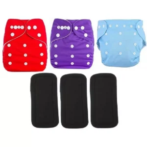 Flockidos Cotton Washable Red, Purple, Blue Button Strap 3 Diaper Pants with 3 Insert Pads